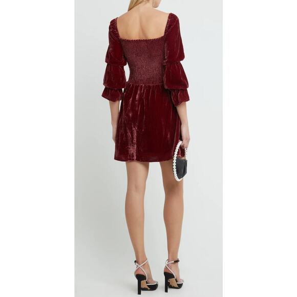 o.p.t. Sz XS Hasher Smocked Velvet Mini Dress Gathered Bell Sleeve Square Neck - Picture 2 of 15